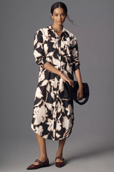 Black Poly Rayon Collared Cuff Sleeve Floral Print Calf Length Dress